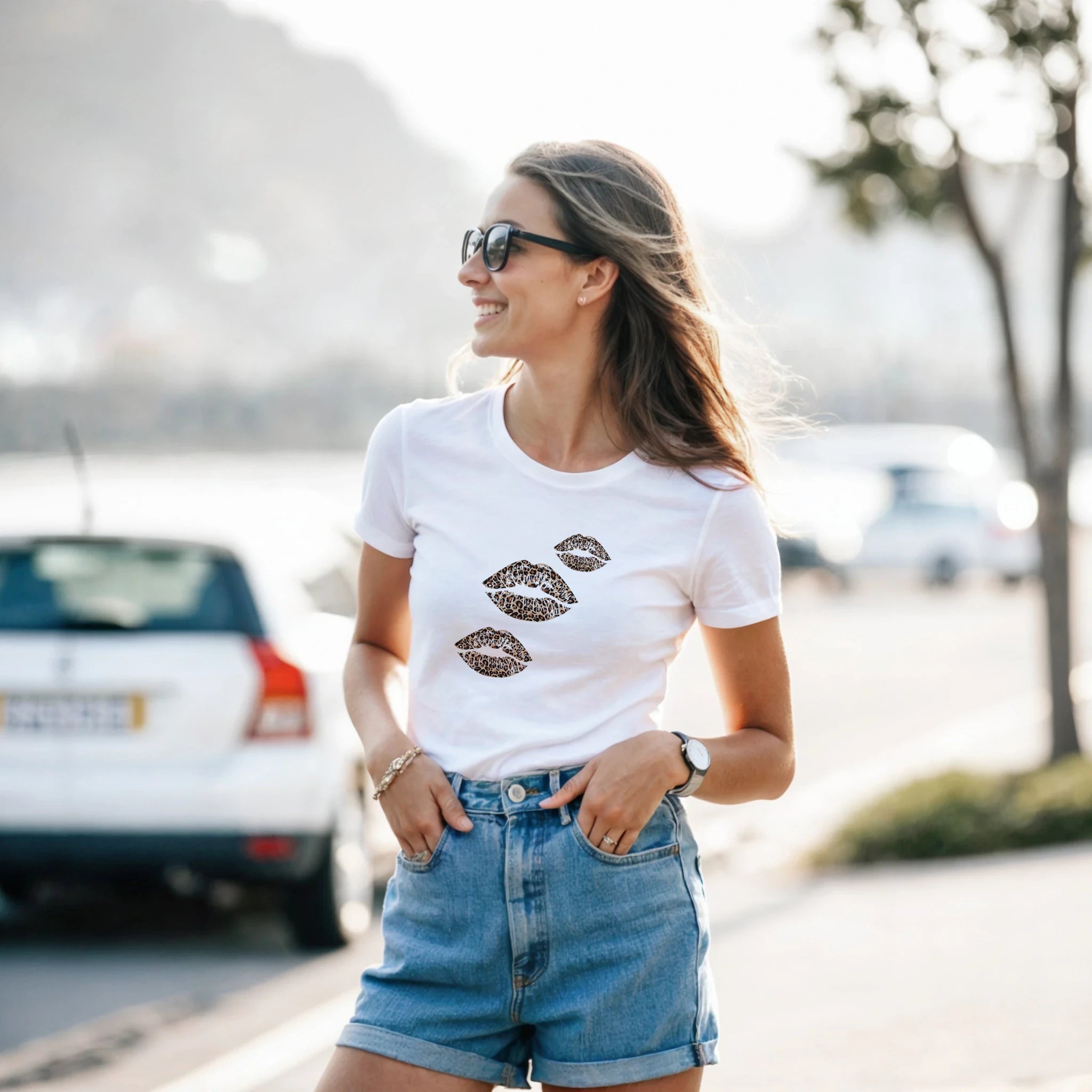 Classic Women’s Crewneck T-Shirt | Leopard Print Kisses