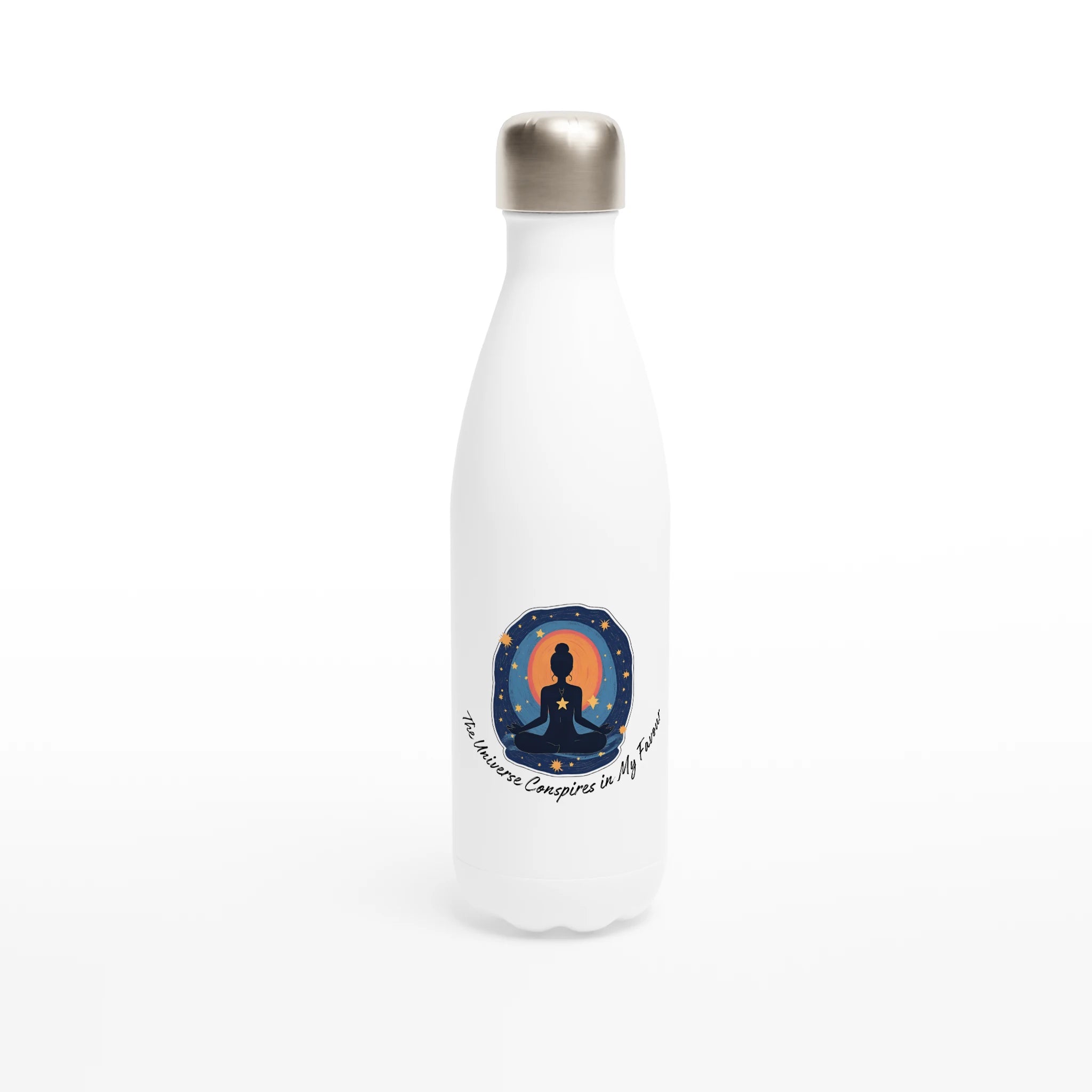 White 17oz Stainless Steel Water Bottle – “The Universe Conspires in My Favor”